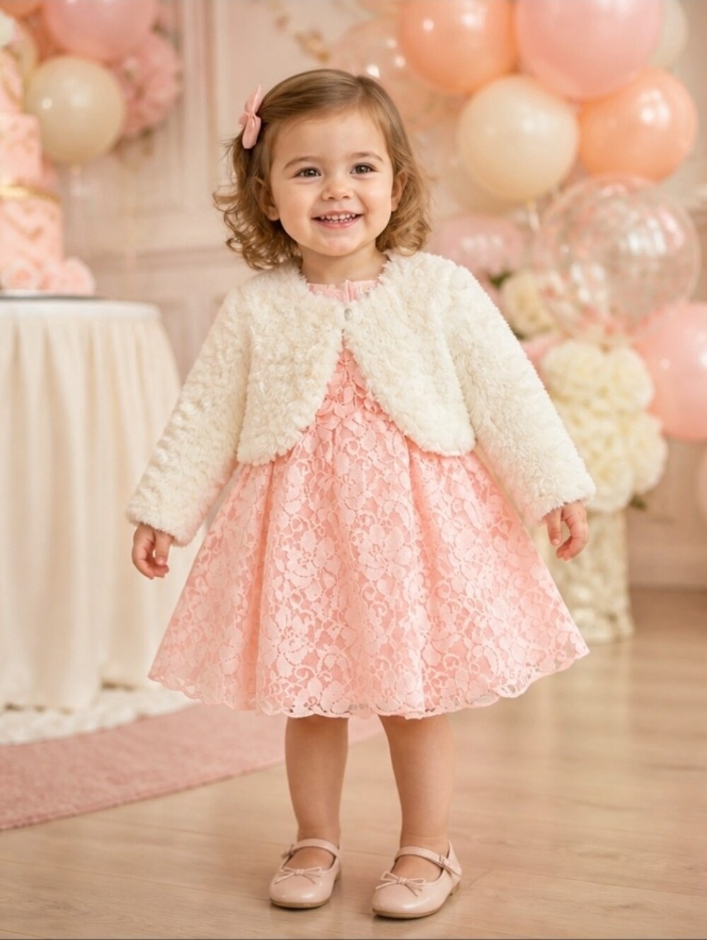 Healthtex Baby Pink lace dress 24M w Bonnie Jean faux fur bolero jacket Size 3T